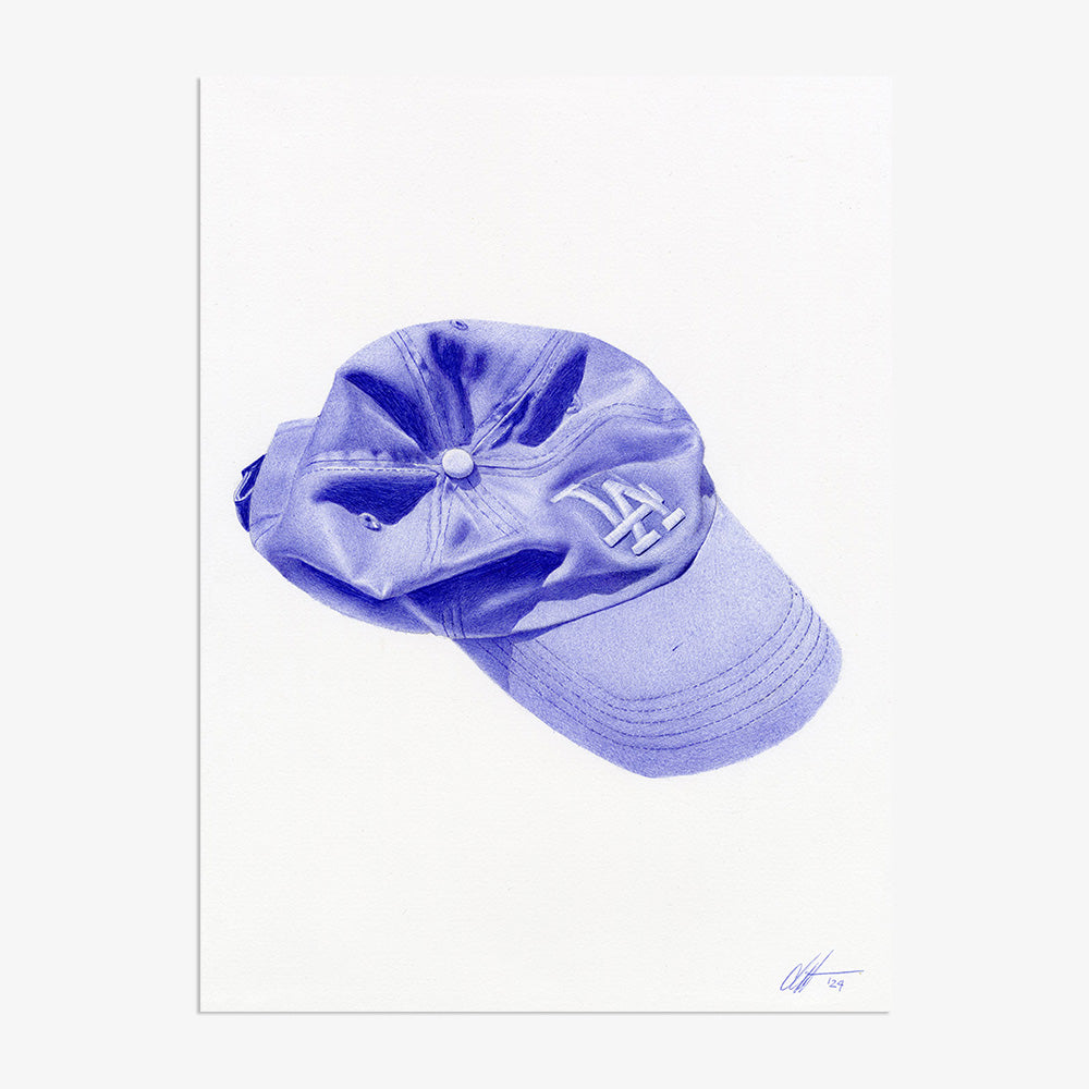 Bic ballpoint pen drawing of an la dodgers hat by Claire Salvo